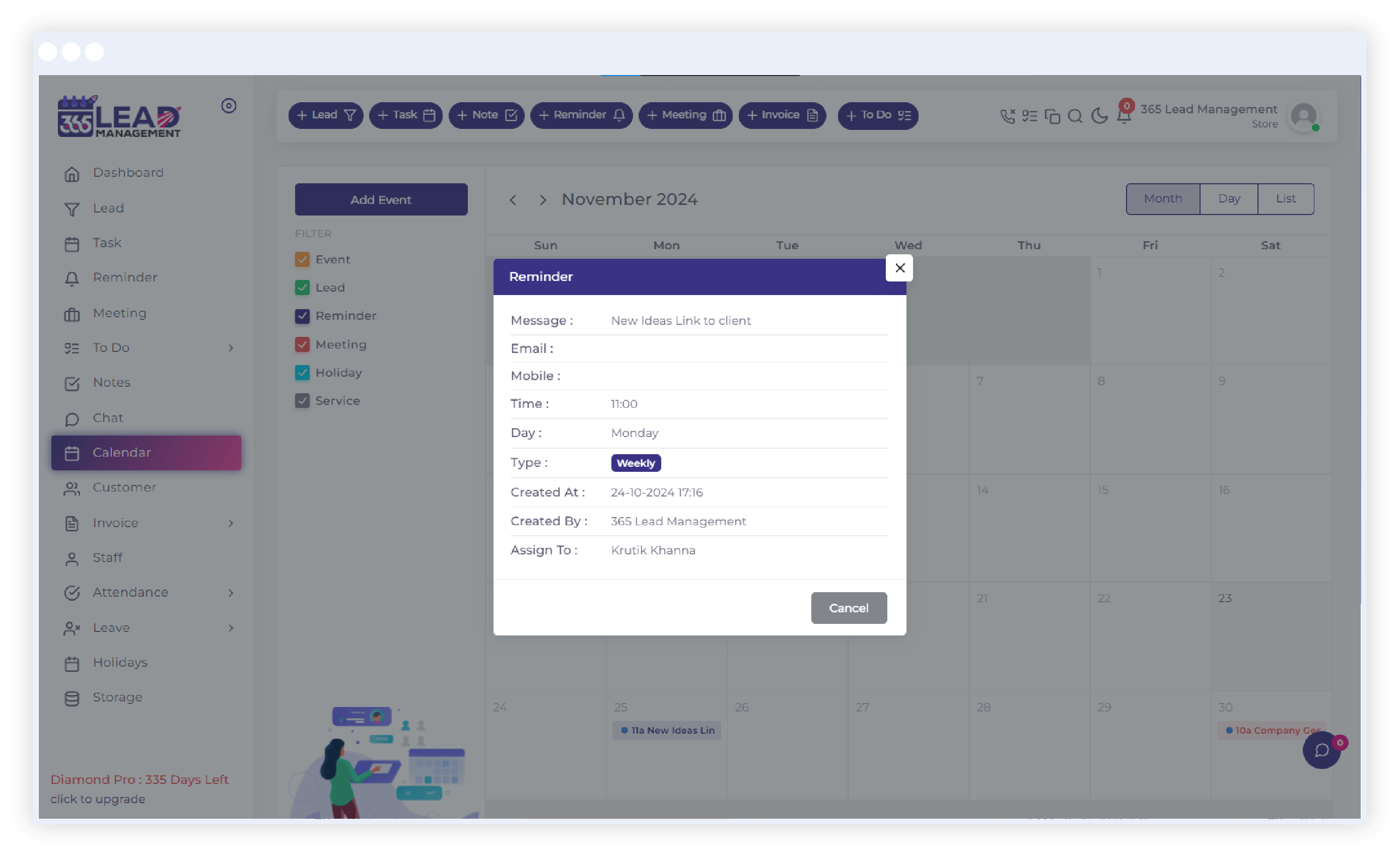 Calendar Management CRM dashboard